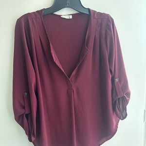 LUSH Sheer Chiffon Blouse Women’s 3/4 Roll Tab Sleeves Burgundy/Maroon